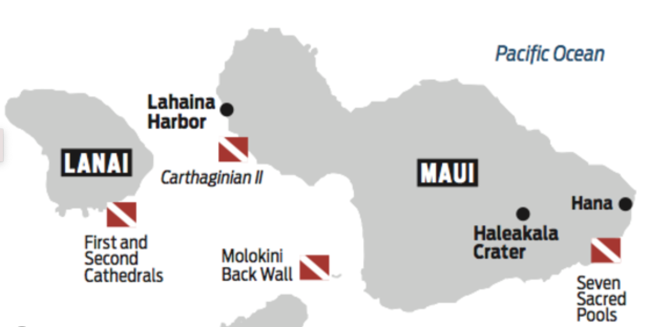 cathedrals map maui scuba diving site