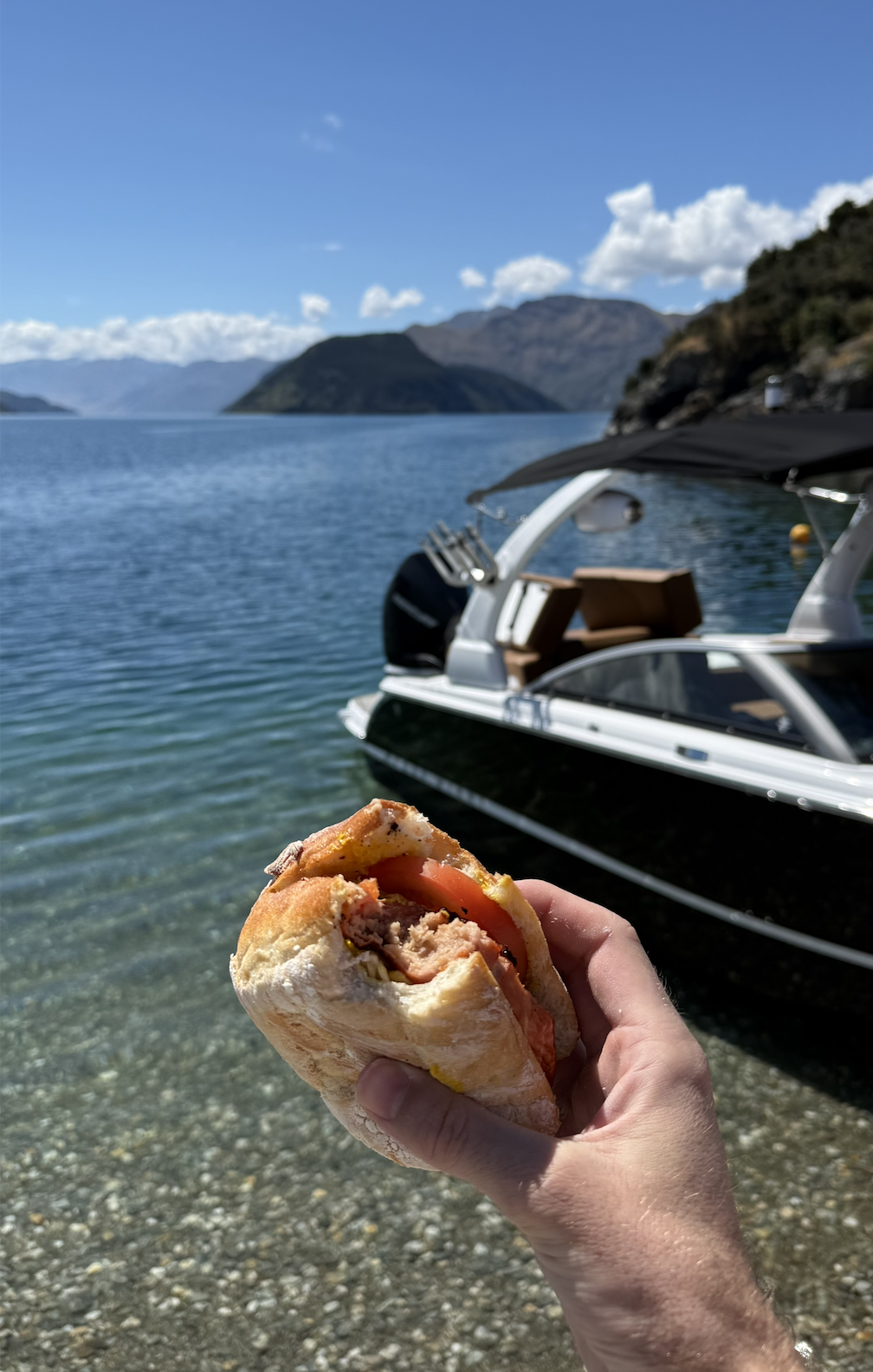 sandwich in front of a boat on a lake in wanaka, new zealand