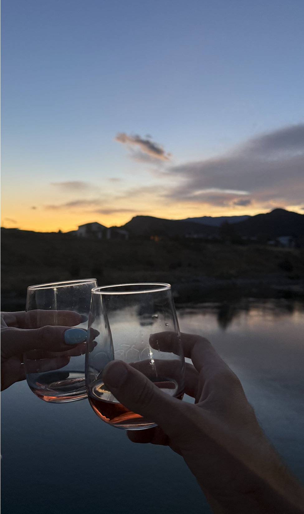 rose wine in front of a river in wanaka new zealand

